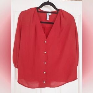 Dina Joe Women's Red 3/4 Sleeve Button-down Blouse Size S